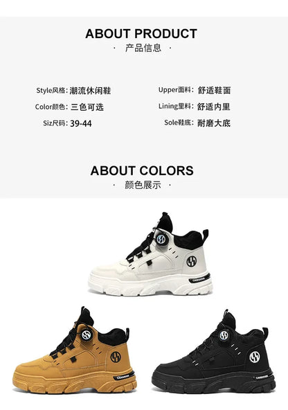 Autumn Men's Sneakers New Breathable Workwear Shoes Trendy Thick Soled Shoes Anti Slip White Casual Skateboard Shoes Ankle Boots