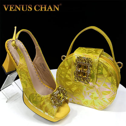 2025 Women's Elegant Yellow High Heel Shoe and Matching Bag Set with Rhinestone Accents – Stylish Square Toe Design for Parties