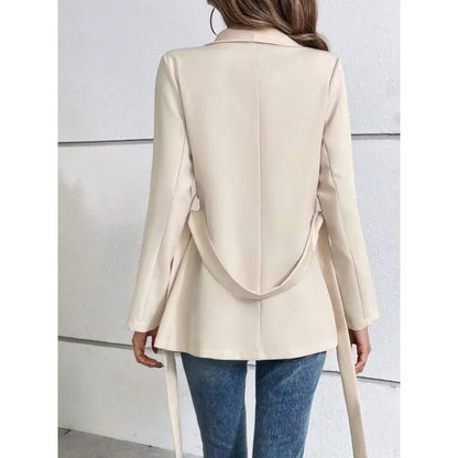 Fashionable Pure Color Long Sleeve Suit Jacket with Belt Waist Cinching Versatile Outerwear for Women Elegant Commute Style