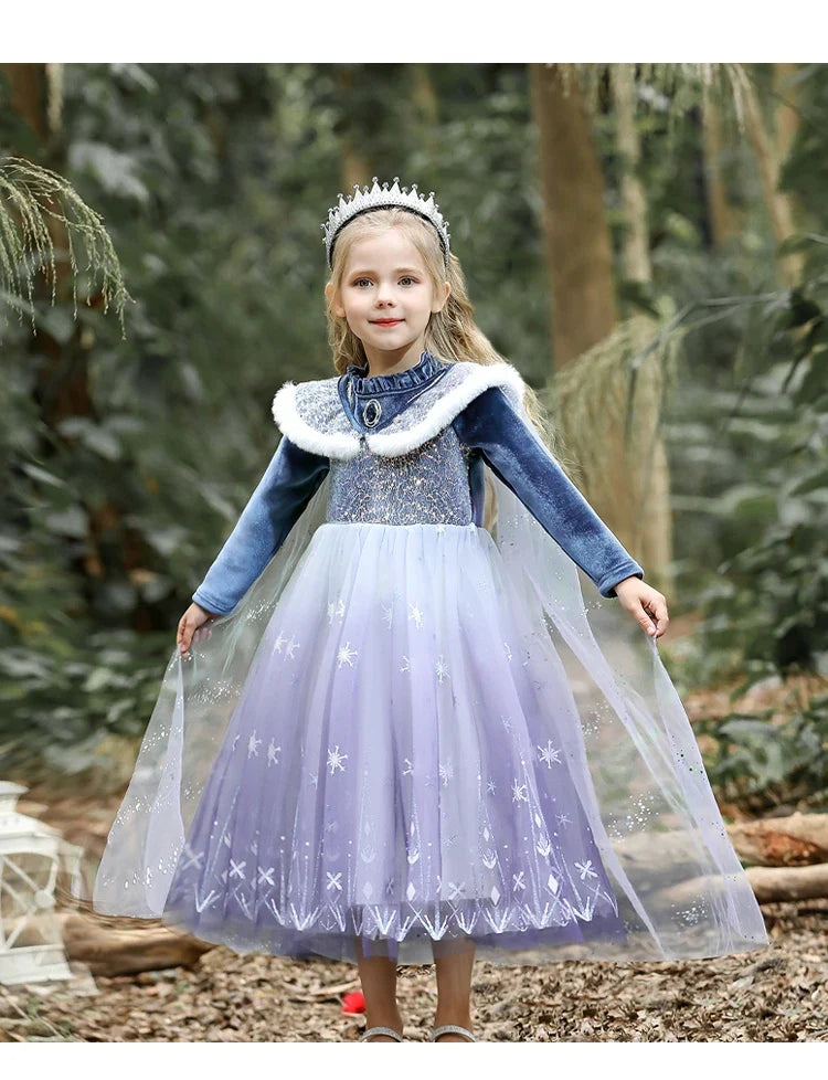 Girls' Spring 2026 New Velvet Elsa Frozen Princess Dress Kids Blue Cape 2 Piece Set Warm Dresses For Girl Party 3-9 Years Old ﻿