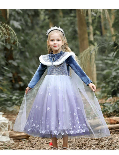 Girls' Spring 2026 New Velvet Elsa Frozen Princess Dress Kids Blue Cape 2 Piece Set Warm Dresses For Girl Party 3-9 Years Old ﻿