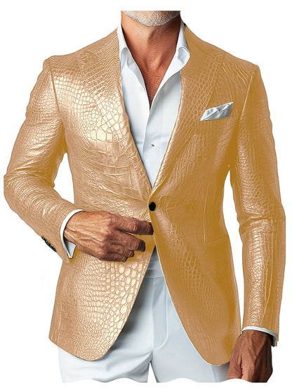Luxury Men's Crocodile Embossed Leather Blazer Notch Lapel Suit Fit 1 Button Jacket Shiny Croc Print Formal Business Party Coat