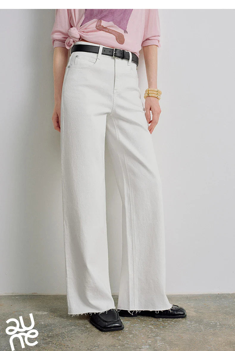 Women Jeans 2026 Spring New Black Label Lycra Stretchy White Frayed Cuff Loose Wide-Leg Pants