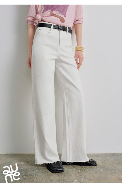 Women Jeans 2026 Spring New Black Label Lycra Stretchy White Frayed Cuff Loose Wide-Leg Pants