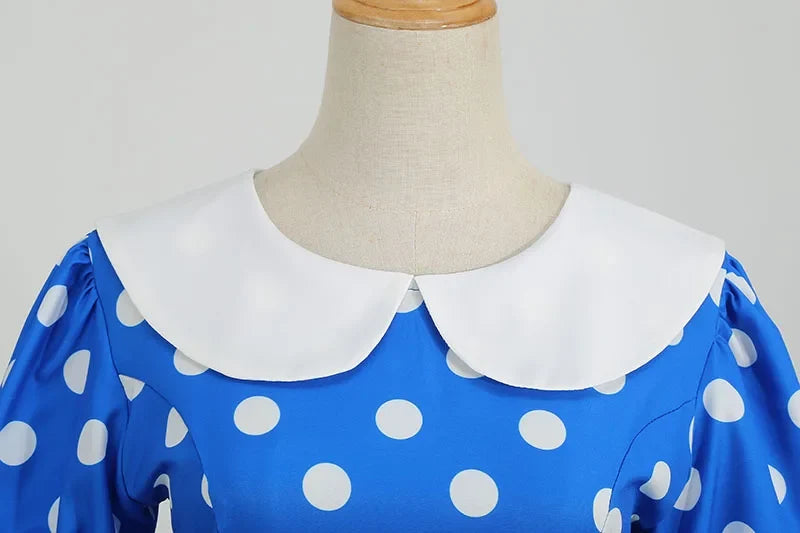 Elegant Women Summer Dress Puff Short Sleeve Polka Dot Peter pan Collar Vintage A-line Midi Long Party Sundress