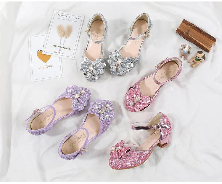 Children's Sandals for Party Wedding Elegant Bowknot Kids Girls Versatile Sequins High-heels Fashion Pearl Princess Single Shoes