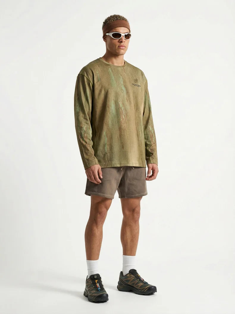 Men's Wasteland Style Long Sleeve T-Shirt - Distressed Digital Print & Loose Elastic Fit Casual Top Unisex