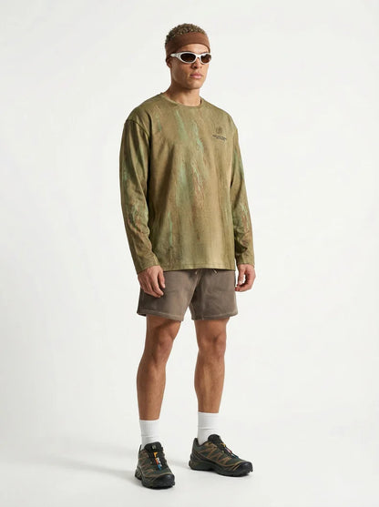 Men's Wasteland Style Long Sleeve T-Shirt - Distressed Digital Print & Loose Elastic Fit Casual Top Unisex