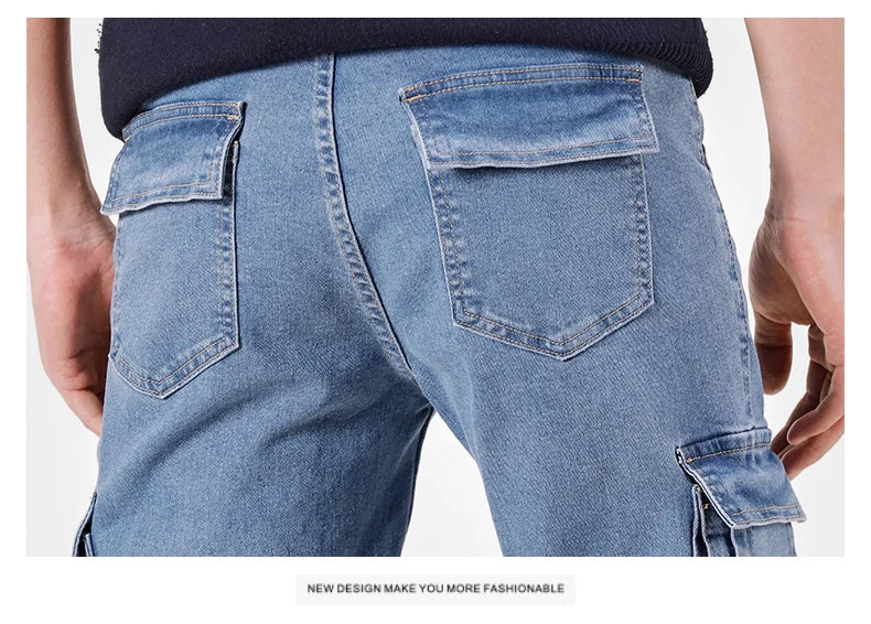 Men's Street Style Elastic Waist Denim Cargo Pants Solid Color Washed Slim Fit Casual Jeans with Multiple Pockets for Daily Wear