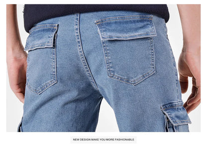 Men's Street Style Elastic Waist Denim Cargo Pants Solid Color Washed Slim Fit Casual Jeans with Multiple Pockets for Daily Wear