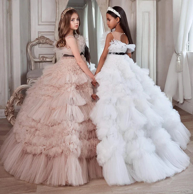 Customized Fashion Ball Gown Baby Flower Girl Dresses Tulle Children Kids Wedding Party Prom Evening Princess Gowns