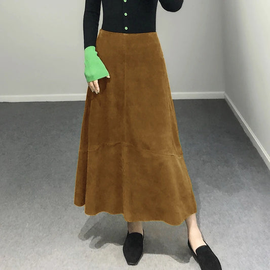 تنورة نسائية من جلد الغزال الأرجواني موضة 2025 لربيع Harajuku بحافة كبيرة طول 85 سم تنانير نسائية أنيقة بوهيمية فستان جلدي 100%