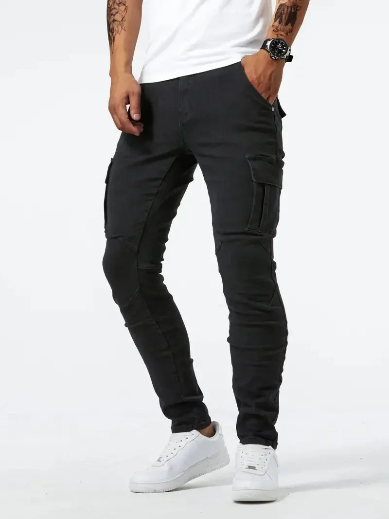 Street Elastic Jeans Men Denim Cargo Pants Wash Solid Color Multi Pockets Casual Mid Waist Trousers Slim Fit Daily Wear Joggers