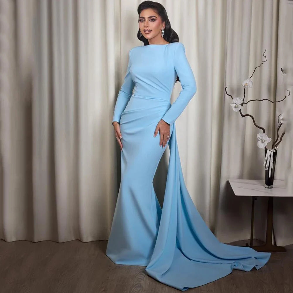 Sky Blue Jersey Evening Dress Simple Scoop Neck Long Sleeves Mermaid Floor Length Women Pleat Customized Gowns