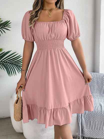Spring Summer Elegant High Waisted Dress Square Neck Short Sleeved Ruffled Edge Long Dresses 2026 Valentine's Day Woman Clothing