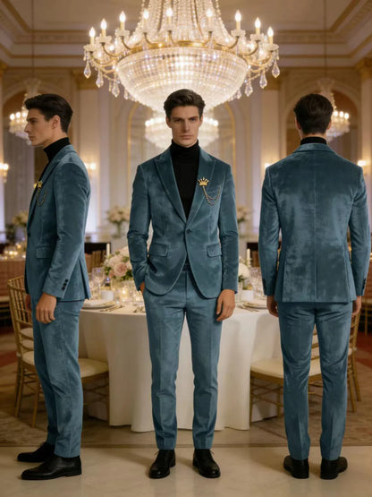 Men's Teal Velvet Blazer 1 Button Single Breasted Slim Fit Formal Wedding Party Suit Jacket