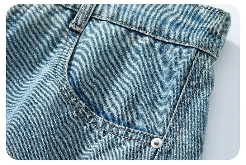 Summer New Baggy Denim Shorts Fashion Casual Straight Harajuku Jeans Male Vintage Wash Drawstring Short Pants Streetwear