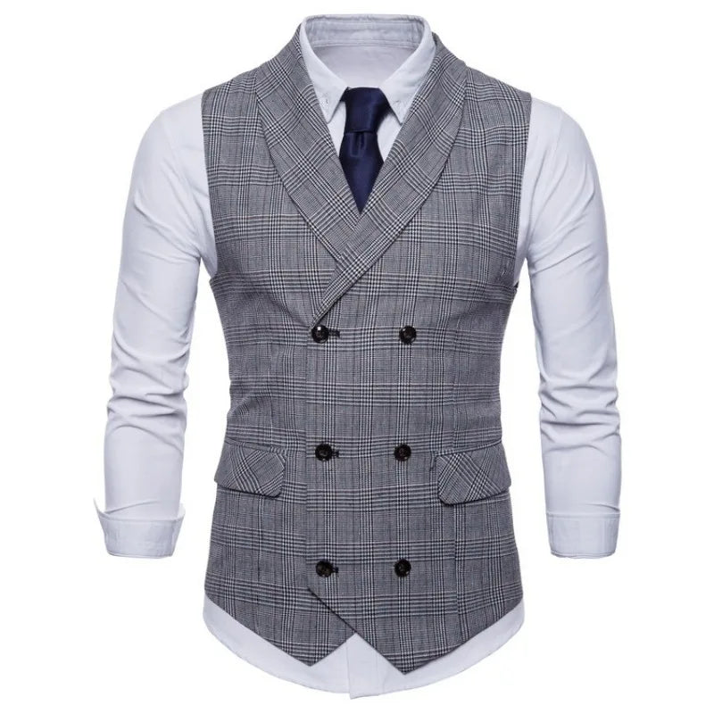 Men Vest Vintage Plaid Turn Down Collar Male Suit Vest Slim Double-breasted Sleeveless Business Casual Man Waistcoat