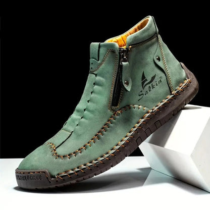 Men's Hand-Sewn High-Top Boots, Fashionable Side-Zip Casual Shoes, All-Season Outdoor Boots, Large Size Men's Shoes, Comfortable Bare Boots