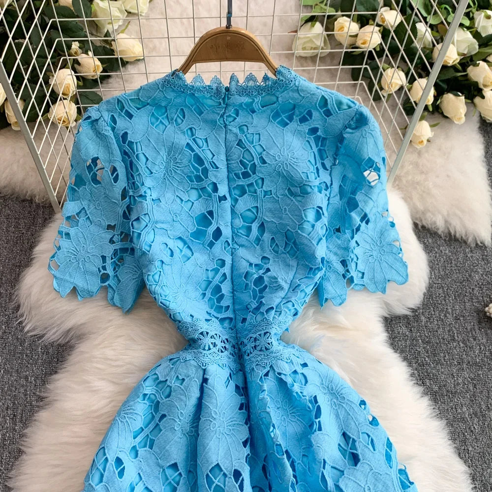 Ele Summer Lace round Ne Dr Women's High Waist Slimming Long Skirt Korean Sle Commute High Softn Regular Sve