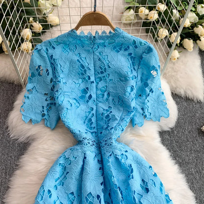 Ele Summer Lace round Ne Dr Women's High Waist Slimming Long Skirt Korean Sle Commute High Softn Regular Sve