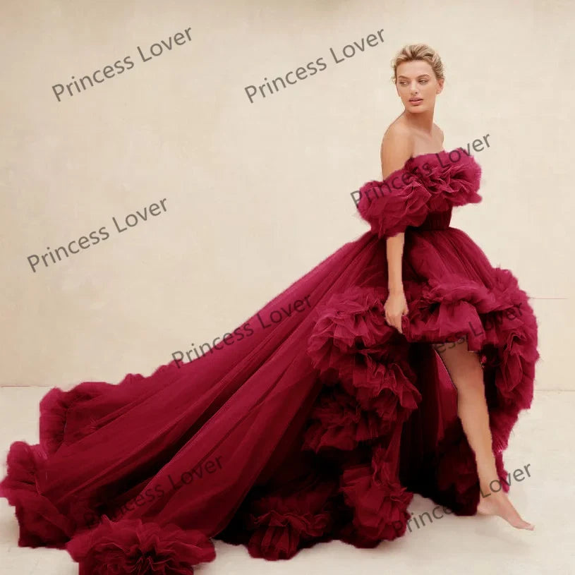 Women Prom Dresses Tulle High Low Vestido de Novia Robes Off the Shoulder Evening Dress Ruffled Fluffy Party Gowns Customized
