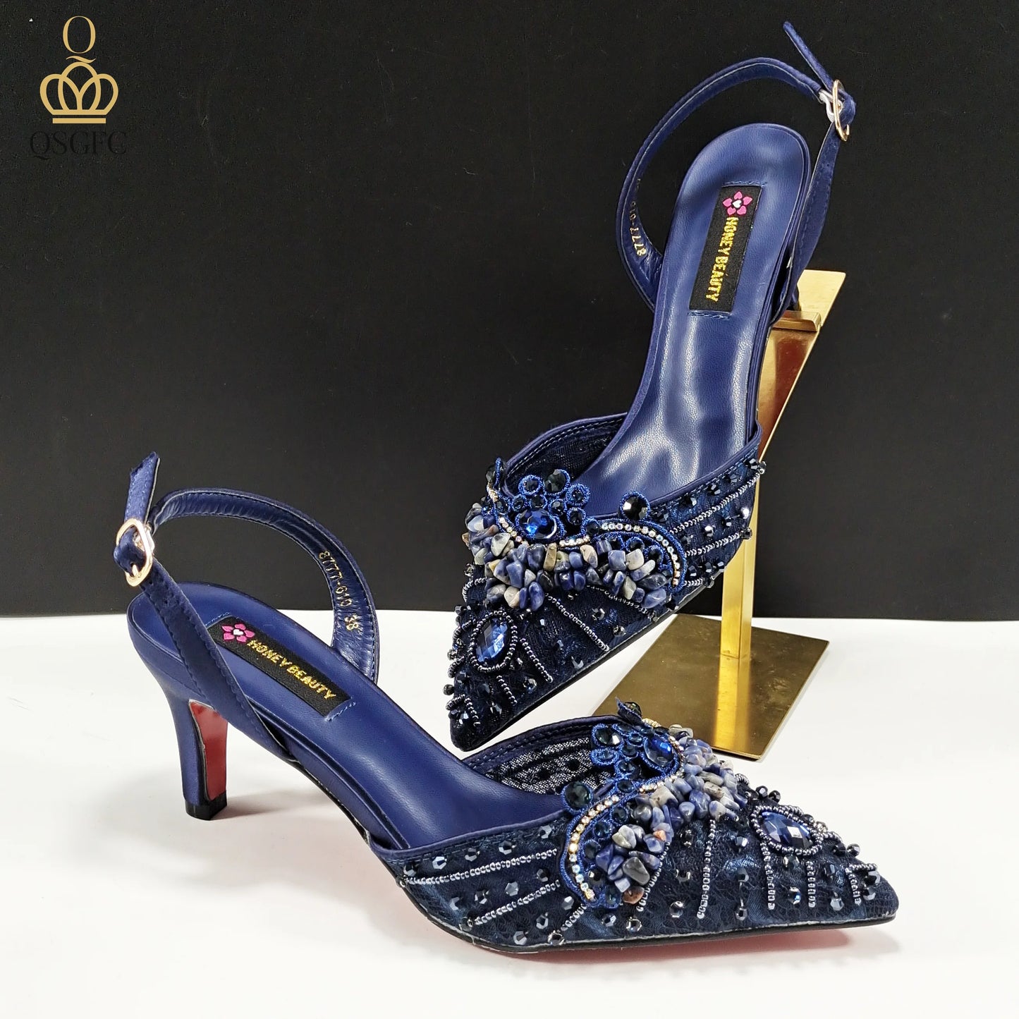 Italian Design Rhinestones and Coral Stones Ladies Party Shoes High Heels Pointed Toe Coffee Color Women's Shoes