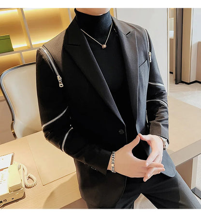 2024 Autumn New Zipper Decoration Blazer Men Casual Slim Fit Business Dress Coats Homme Formal Social Prom Tuxedo Men Clothing