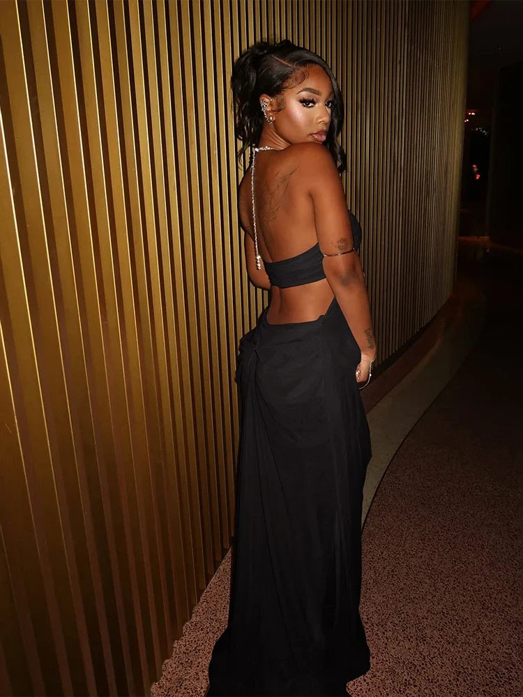 Prom Party Gown Dress Woman Sexy See Through Luxury Chain Halter Low-Neck Backless Sleeveless Midnight Elegant Vestidos
