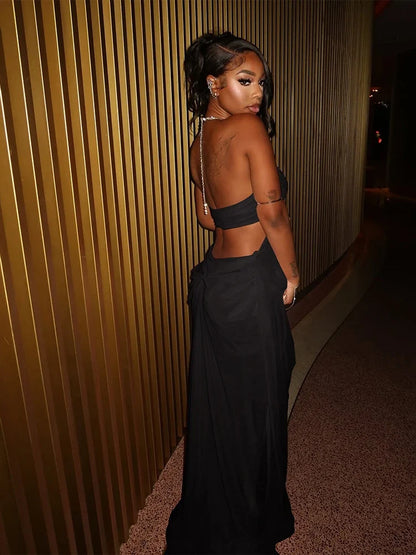 Prom Party Gown Dress Woman Sexy See Through Luxury Chain Halter Low-Neck Backless Sleeveless Midnight Elegant Vestidos