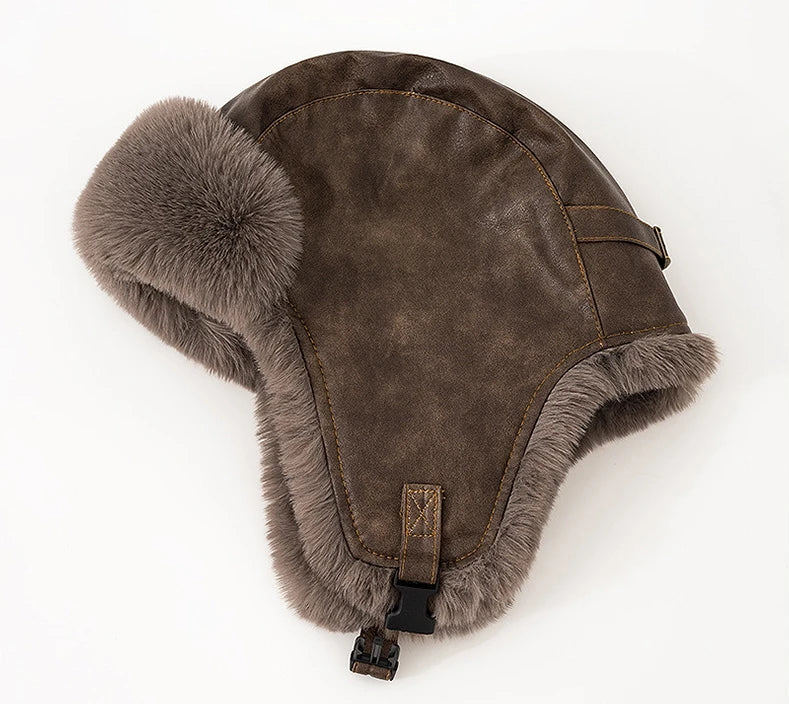 Men Winter Bomber Hat Outdoor Motorcycle Windproof Thicken Warm Faux Fur Pilot Earflap Hat Leather Thermal Ushanka