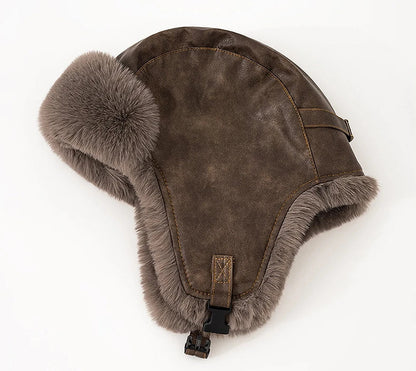 Men Winter Bomber Hat Outdoor Motorcycle Windproof Thicken Warm Faux Fur Pilot Earflap Hat Leather Thermal Ushanka