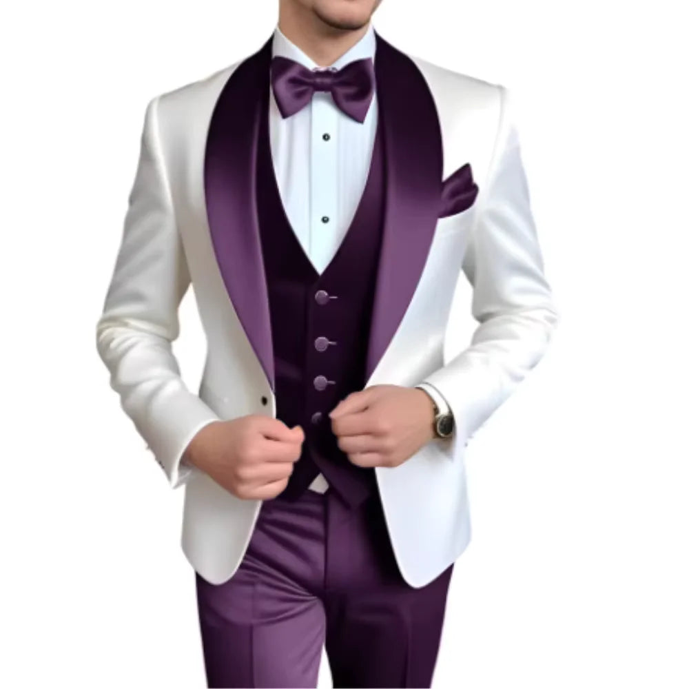 Solid Color Slim Fit Men's Tuxedo 3-Piece Set Fashion Business Wedding Suit with Shawl Lapel Blazer Vest Pants for Groom Party