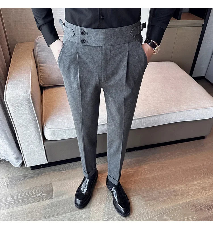 Autumn Winter High Waist Business Dress Pants Men Casual Belt Design Slim Suit Pants Formal Wedding Social Party Male Trousers