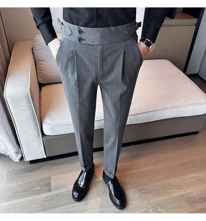 Autumn Winter High Waist Business Dress Pants Men Casual Belt Design Slim Suit Pants Formal Wedding Social Party Male Trousers
