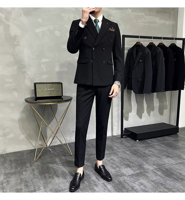 2025 High-quality Korean Version Slim-fit Business (Suit + Vest + Trousers) Striped Double-breasted Suit Three-piece Set