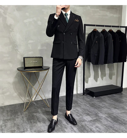 2025 High-quality Korean Version Slim-fit Business (Suit + Vest + Trousers) Striped Double-breasted Suit Three-piece Set