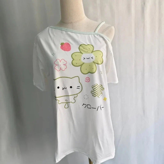 Ezgaga Harajuku T Shirts Women Cartoon Sweet Diagonal Collar Short Sleeve Off Shoulder Funny Tops Female Y2k Ladies Tshirts