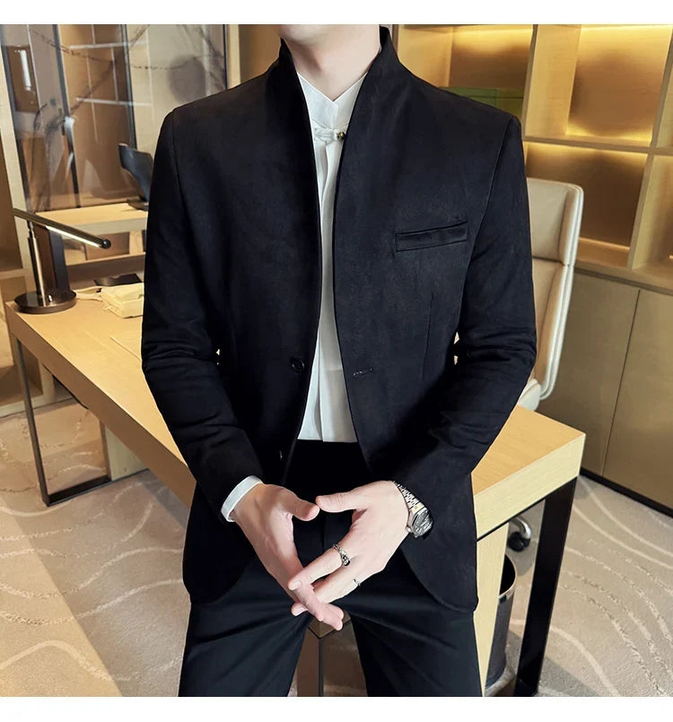 High Quality Cowhide Suede Suit Coats Men Fashion Slim Fit Stand Up Collar Business Casual Jacket Formal Groom Social Tuxedos