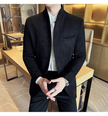 High Quality Cowhide Suede Suit Coats Men Fashion Slim Fit Stand Up Collar Business Casual Jacket Formal Groom Social Tuxedos