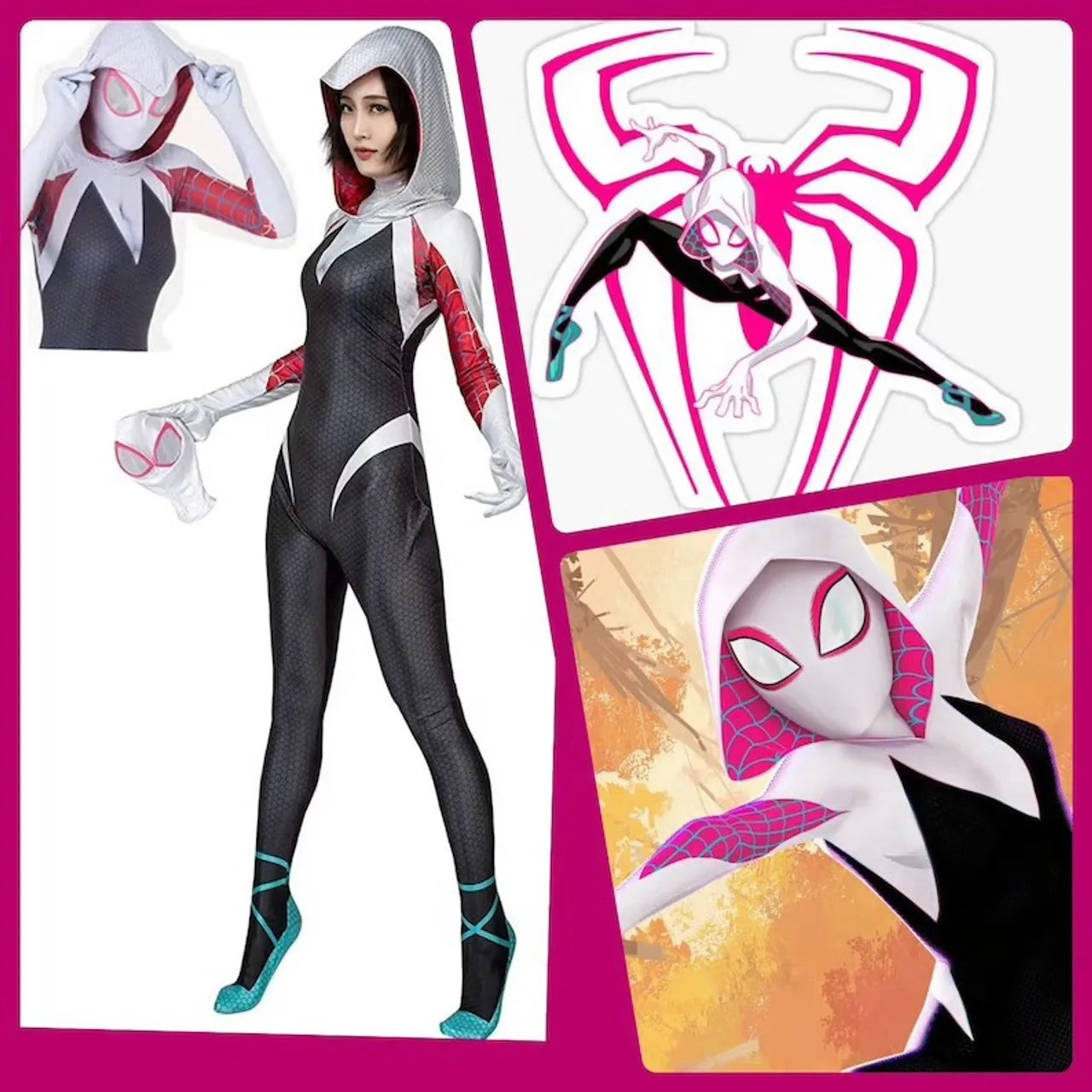 Spider Gwen Costume Across the Spider-Verse Gwen Stacy Hooded Cosplay Zentai Bodysuit Spider Man Carnival Party Anime Outfit