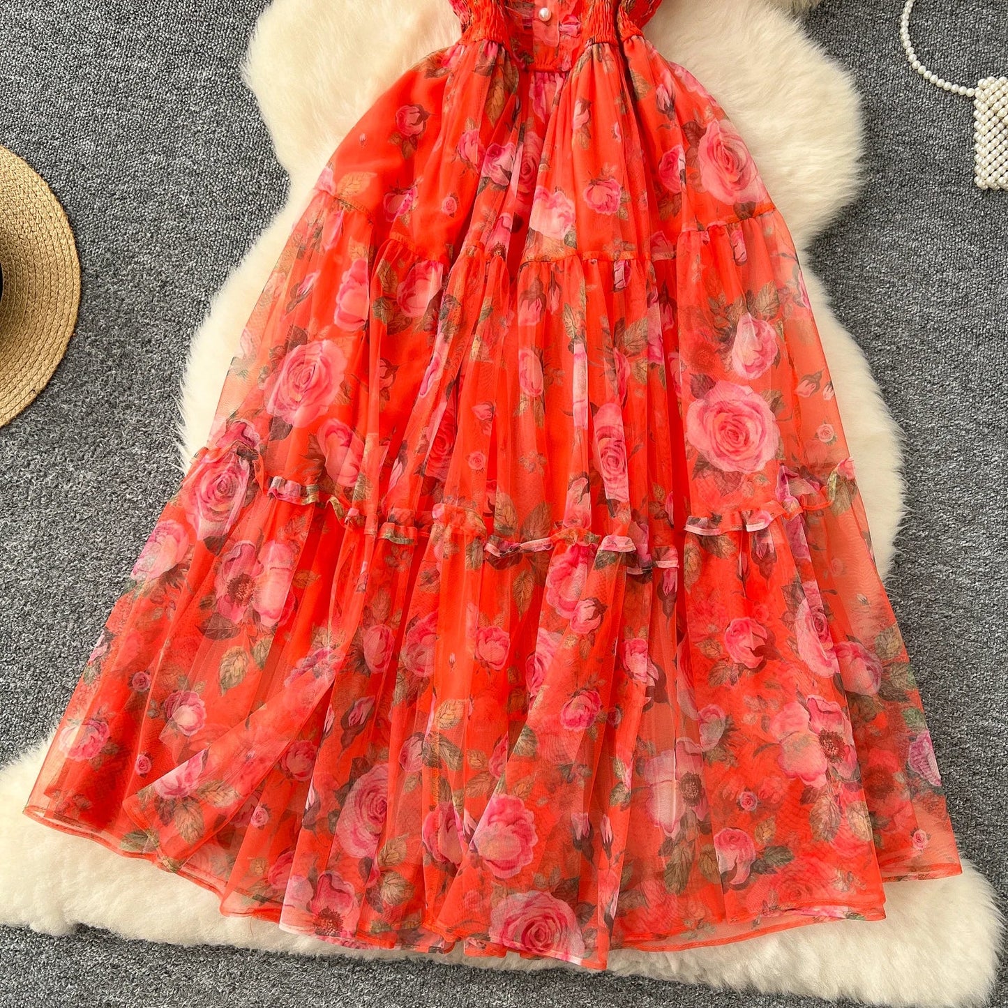 Retro Floral Chiffon Dr Women's Waist Cinched Bubble Sve Me Skirt Tea Break Gentle Soft Sle Korean High Waist A-Lin...