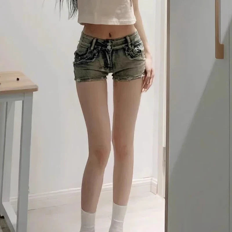 New Woman Designer Low Waist Punk Jeans Girls Aesthetic Elastic High Street Mini Pants Female Sexy Nightclub Summer Denim Shorts