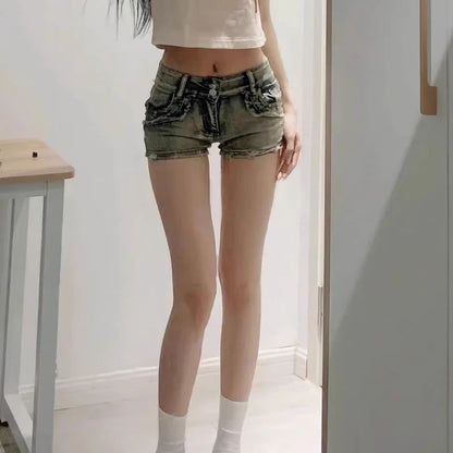 New Woman Designer Low Waist Punk Jeans Girls Aesthetic Elastic High Street Mini Pants Female Sexy Nightclub Summer Denim Shorts