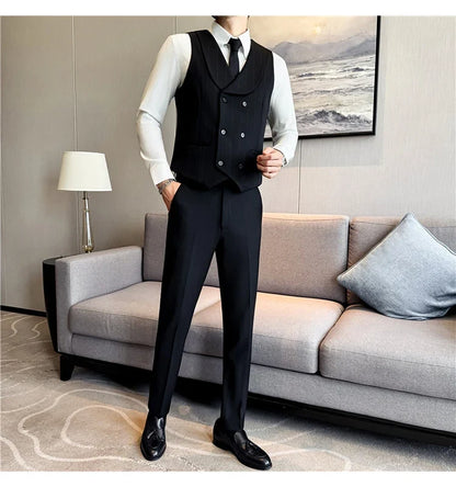 ( Vest+Pants) Autumn Winter Thicken Wool Striped Suit Vest 2 pieces Men Fashion Slim Fit Business Casual Wedding Dress Vest Sets