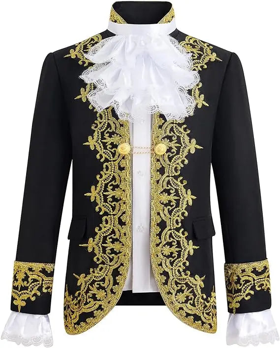 Boys Golden Flower Jacket Pants Tie 3PS Drama Dress Kids Prince Charming Cosplay Costume Children Performance Photograph Suit