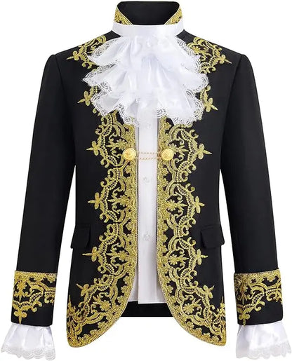 Boys Golden Flower Jacket Pants Tie 3PS Drama Dress Kids Prince Charming Cosplay Costume Children Performance Photograph Suit