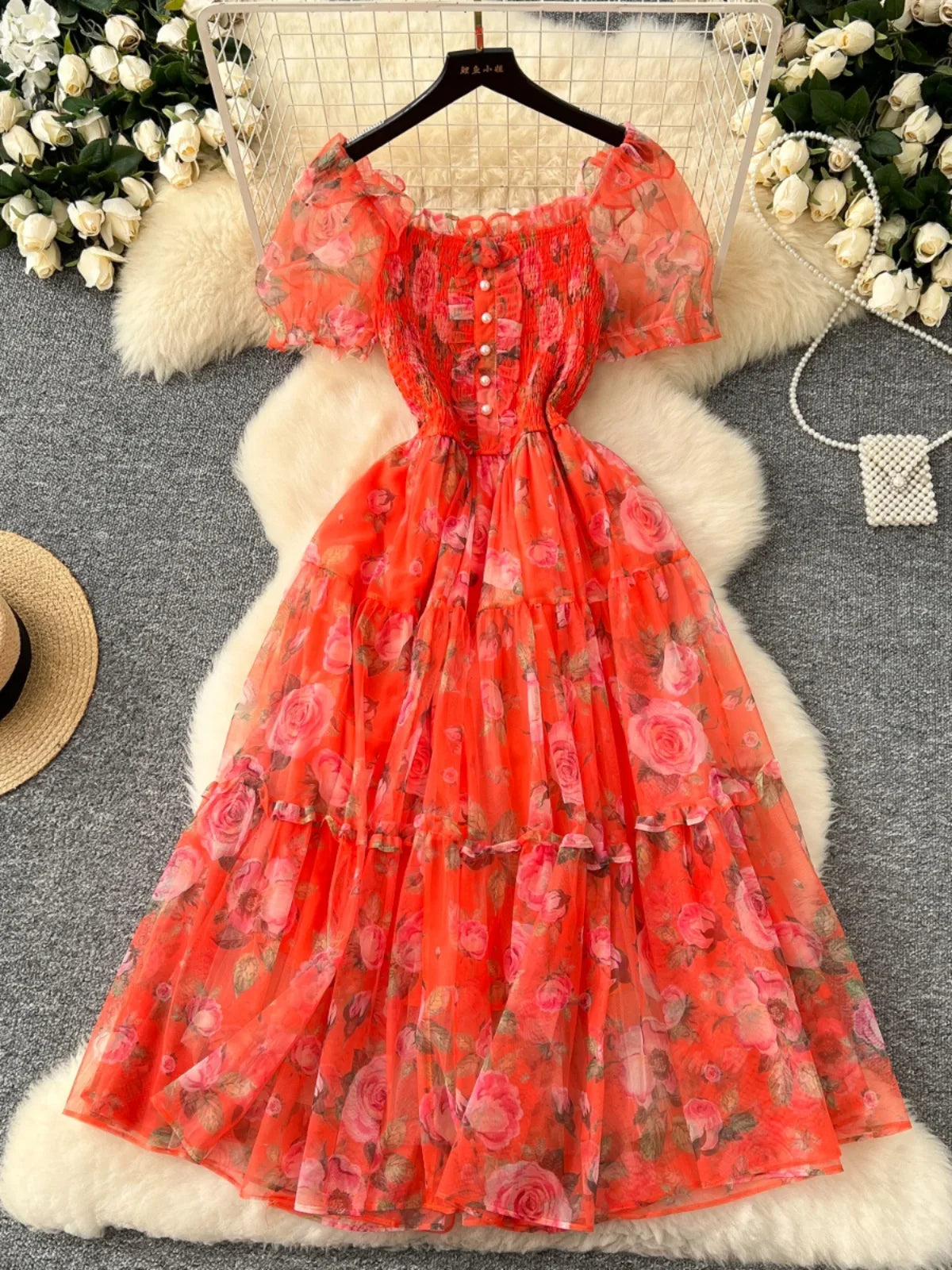 Retro Floral Chiffon Dr Women's Waist Cinched Bubble Sve Me Skirt Tea Break Gentle Soft Sle Korean High Waist A-Lin...