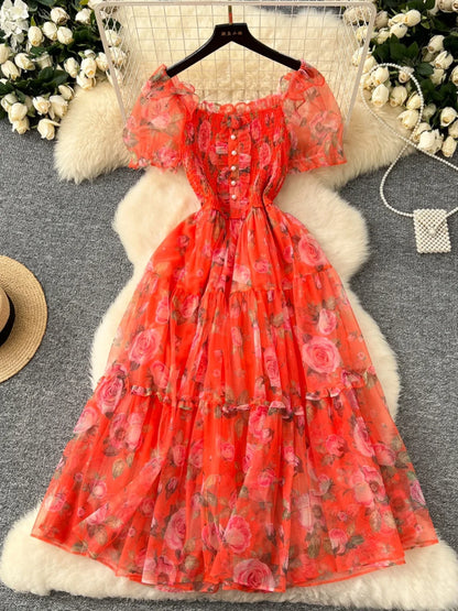 Retro Floral Chiffon Dr Women's Waist Cinched Bubble Sve Me Skirt Tea Break Gentle Soft Sle Korean High Waist A-Lin...