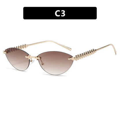 2026 Cat Eye Rivet Rimless Sunglasses Women Luxury Fashion Brand Oval Narrow Sun Glasses Shades Trendy Elegant Unique Eyewear